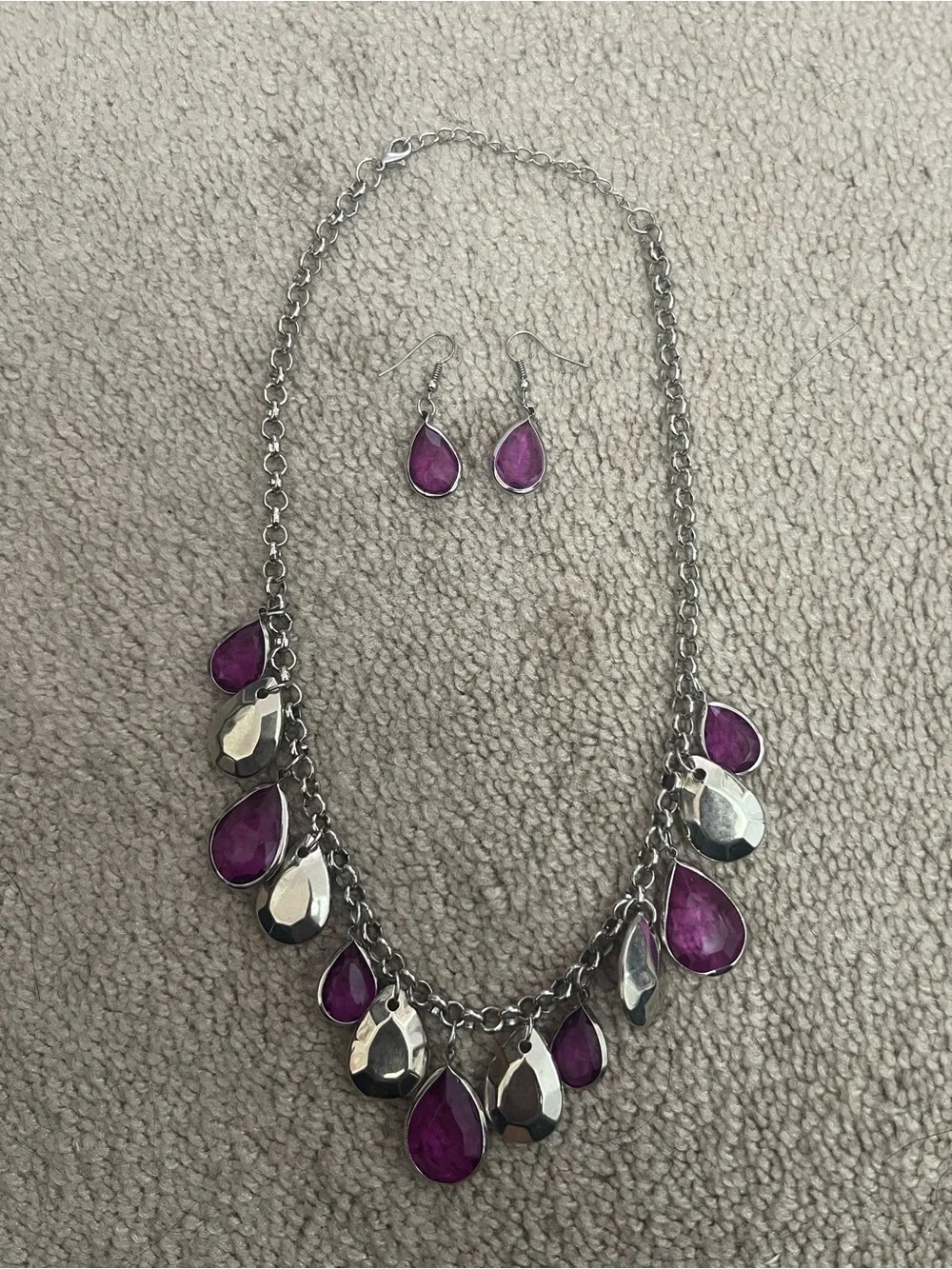 Women's Silver Necklace & Earrings Set with Purple Teardrop Accents